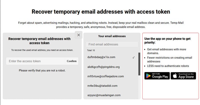 Interface for entering a temporary email address recovery token.