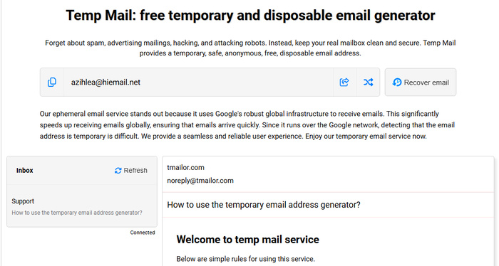 Instruções para usar endereços de e-mail temporários fornecidos pelo tmailor.com