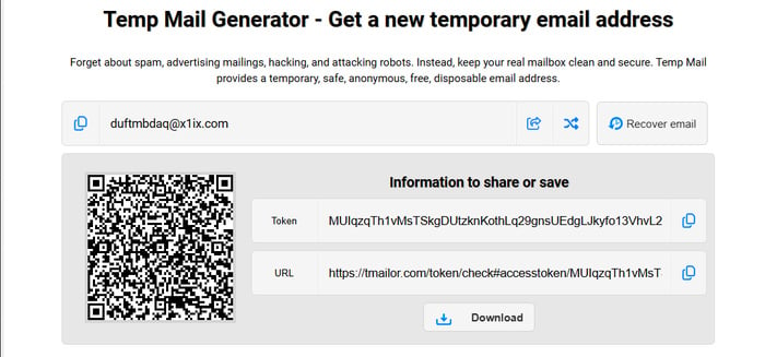 Receive a token to recover a temporary email address for future use in the share section.