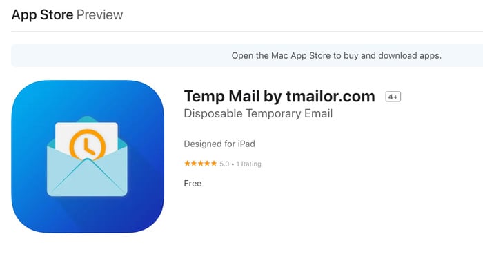 Temp mail app available on the Apple App Store.