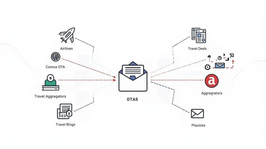 Diagram-style illustration showing different travel websites and apps feeding emails into one user address, including airlines, online travel agencies, deal sites, and blogs, to explain how many sources contribute to a cluttered travel inbox.