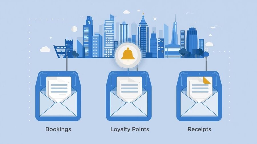 Stylized hotel skyline above three labeled email folders receiving envelopes from a central hotel bell icon, showing how travelers can separate hotel bookings, loyalty points, and receipts into different inboxes using reusable temporary email.