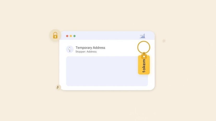 A minimalist inbox card shows a temporary address and a dangling key-tag labeled token. Two small icons—a wrench and a lightning bolt—hint at contractor quotes while the main inbox remains private