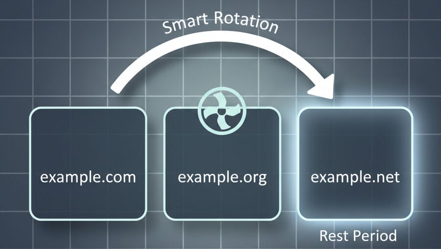 Three domain tiles with varied TLDs, a cooling symbol over one tile, and a highlighted “known‑good” tile indicating smart rotation and rest periods to avoid throttling effects
