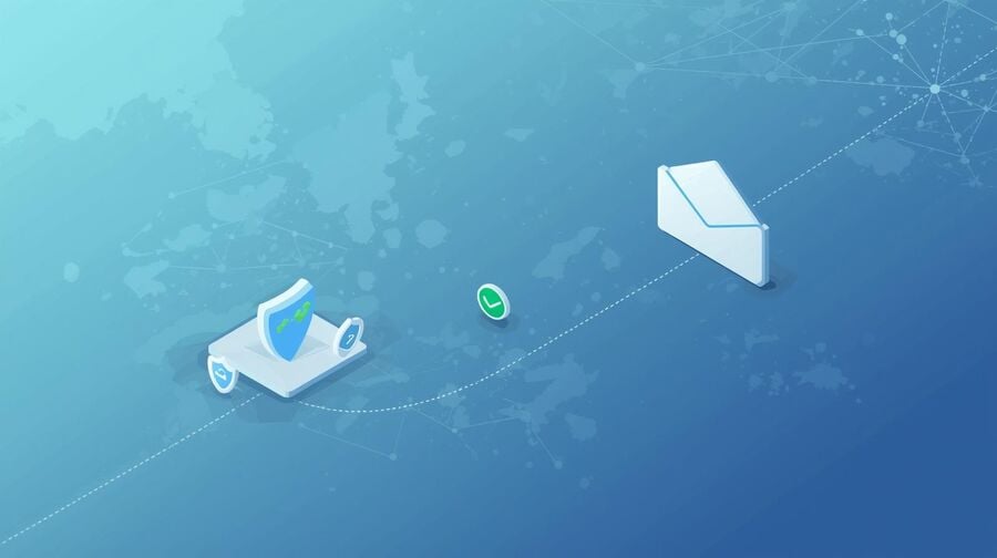 Vector flow of an OTP email traveling across internet relays into a secure inbox.