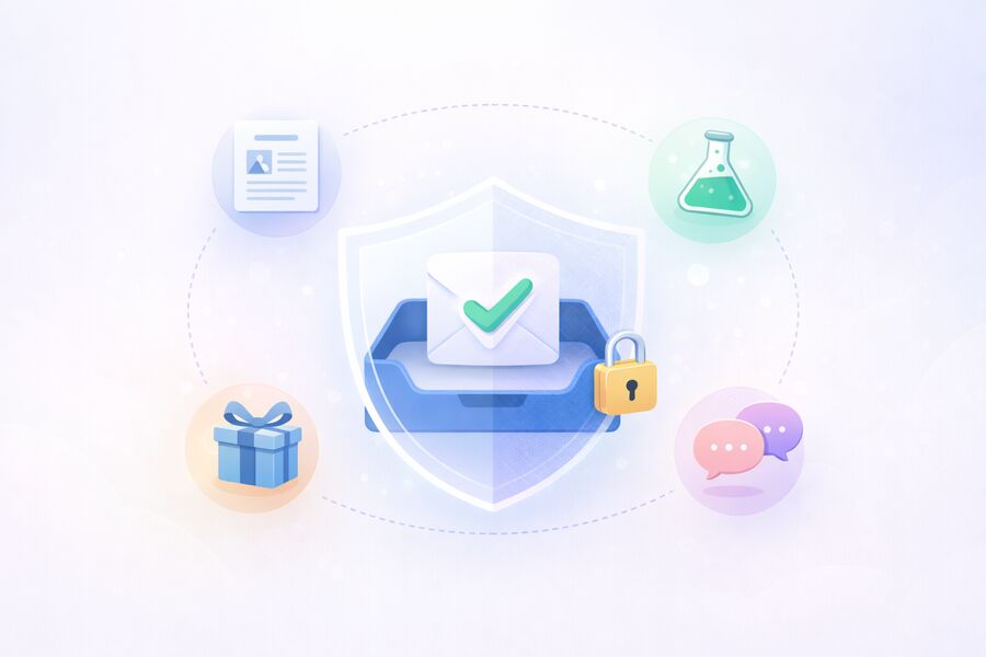 Ohutu kasutusega kollaaž mis näitab madala riskiga stsenaariume nagu uudiskirjad katsed ja rakenduste testimine mida tähistavad ikoonid kaitstud postkasti ümber