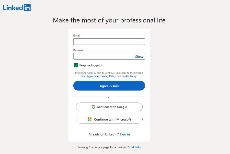 LinkedIn’s signup page