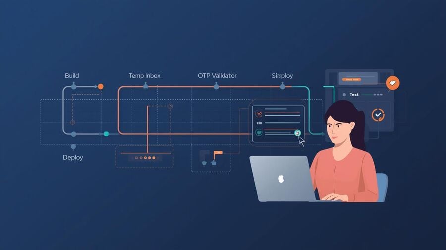 A CI pipeline diagram shows test stages including generate temp inbox, wait for verification email, parse OTP, and continue onboarding, with green checkmarks on each step.