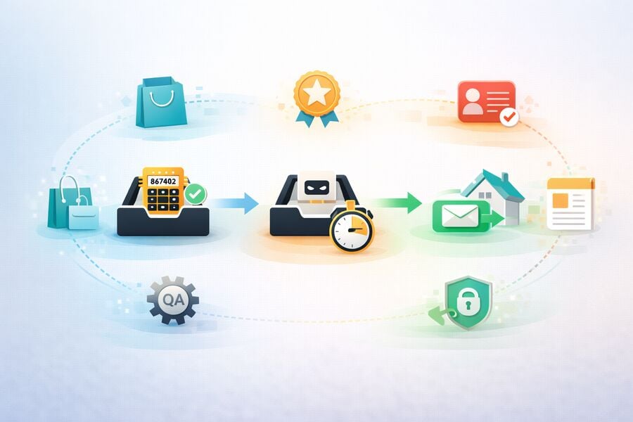 Six scenario icons arranged around three tool icons shopping bag trial badge social media badge newsletter lockprivacy and gear for QA mapped to temp mail burner and alias options