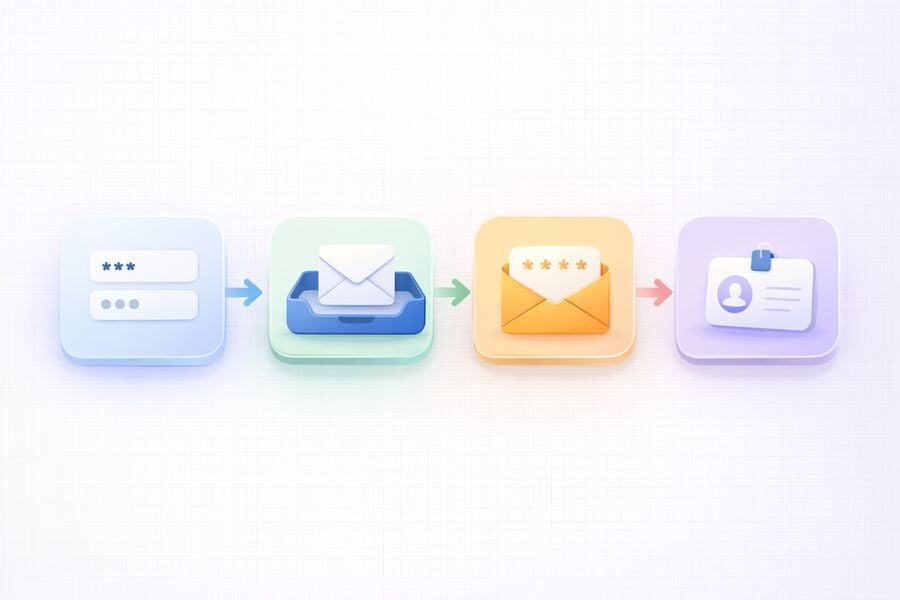 Lihtne vooskeem visuaal veebisaidi vorm ajutine postkast kinnituse e-post ja konto loomine mis näitab ühekordset e-posti teekonda otsast lõpuni