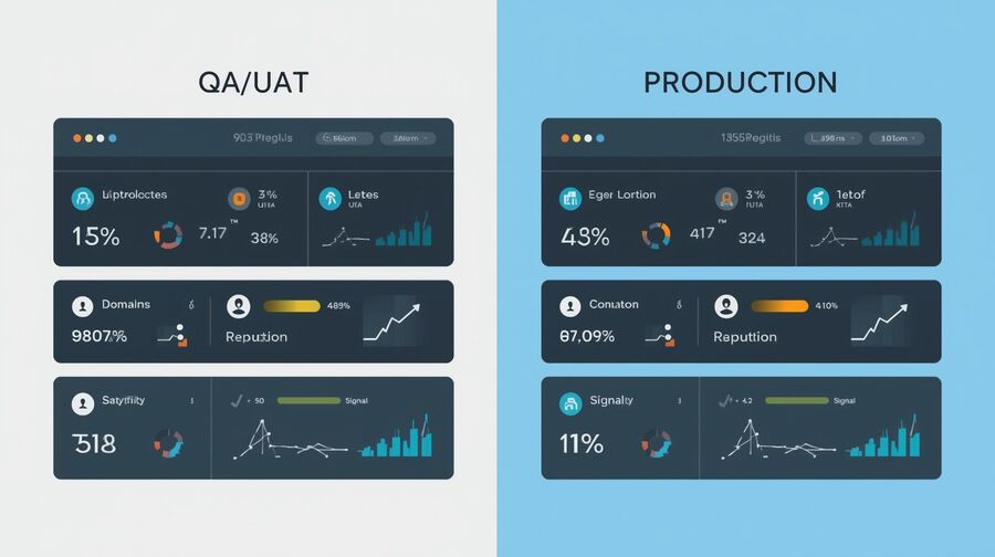 Two side-by-side environments labeled QA/UAT and Production, each with distinct domains and metrics tiles, showing clean separation of signals and reputation.