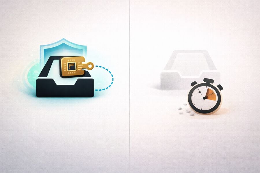 A token icon reconnecting a user to a previously used inbox while a second inbox with a broken timer has no recovery path showing the difference in account recovery options