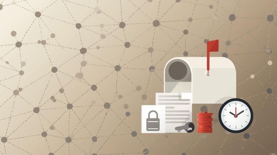 An open mailbox with a visible key token icon illustrates continuity. A secure note card sits nearby to imply saving the token for later mailbox access.