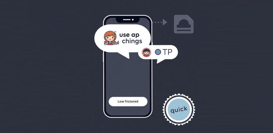 A smartphone and a chat bubble with a small bot avatar, showing a one‑tap copy chip and a delivered OTP badge to emphasize low friction while traveling or multitasking
