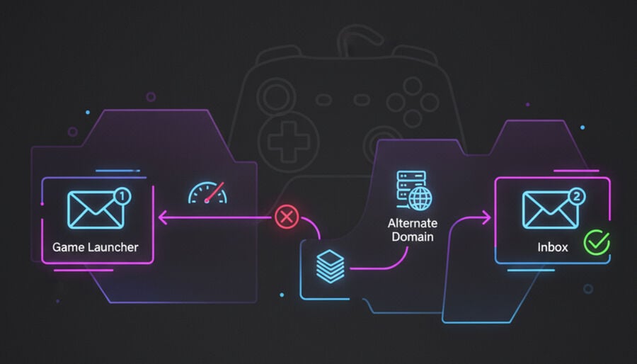 Vector flow from a game launcher sending OTP with a fallback route using a rotated domain.