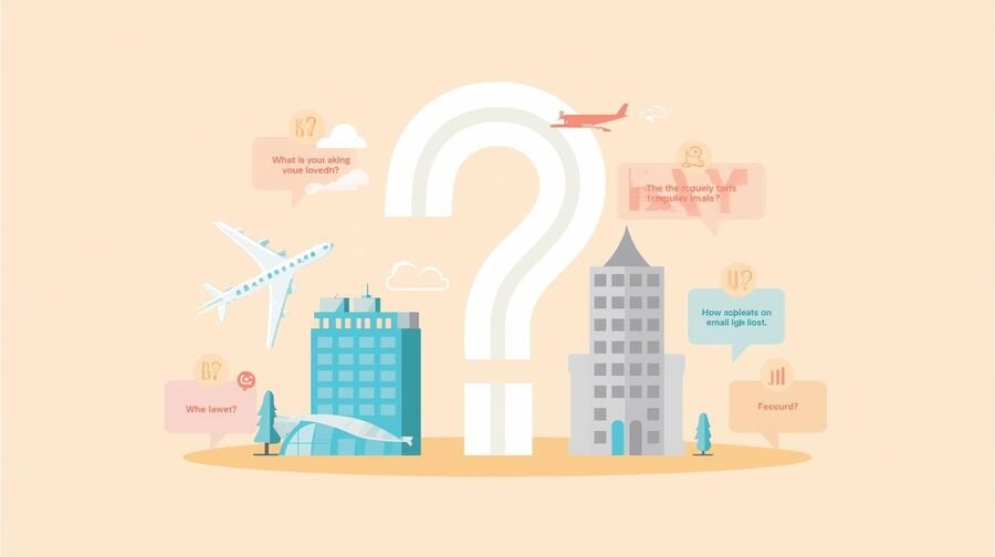 Vector illustration of a large question mark above travel icons like a plane, hotel, and email envelope, with small speech bubbles containing common questions, symbolizing frequently asked questions about using temporary email for travel deals and bookings.