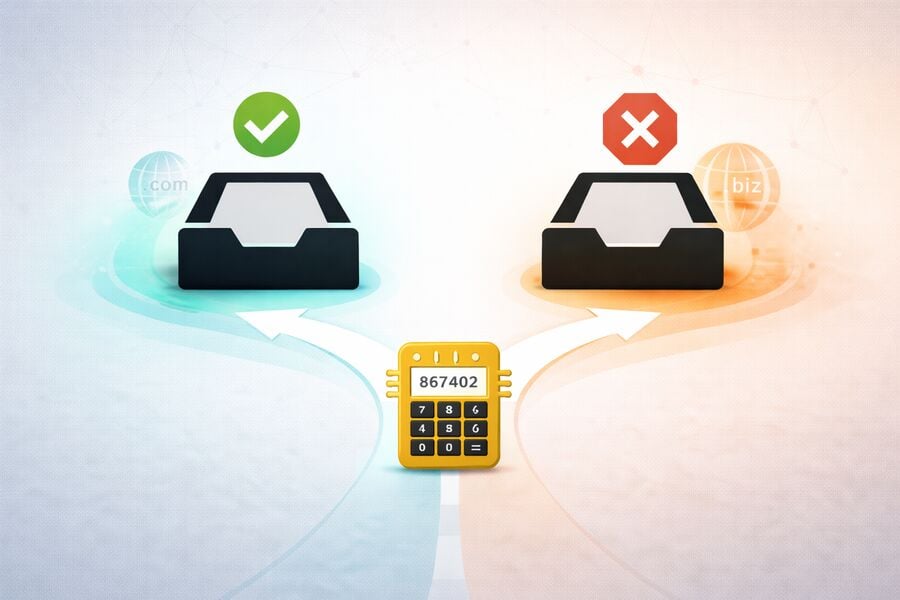 An OTP code chip traveling toward two inbox types one accepting the code smoothly and the other showing a blockedbounced signal illustrating domain blocking and delivery reliability differences