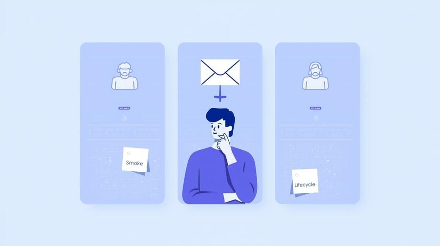 Three panels compare shared inbox, per-test inbox, and reusable persona inbox, while a QA engineer decides which pattern to use for upcoming sign-up test suites