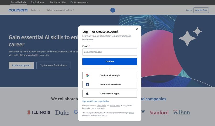 Coursera's signup page