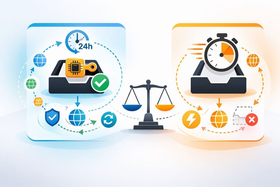 A side-by-side icon card comparing a persistent inbox and a timed inbox across criteria like speed reuse domain pool and OTP reliability in clean vector style
