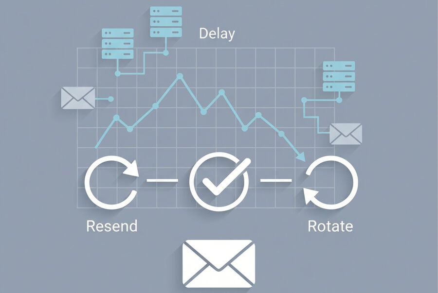 A simplified inbox timeline shows two disciplined resend intervals and a single domain rotation, highlighting fewer delays at peak time and a downward trend in arrival latency