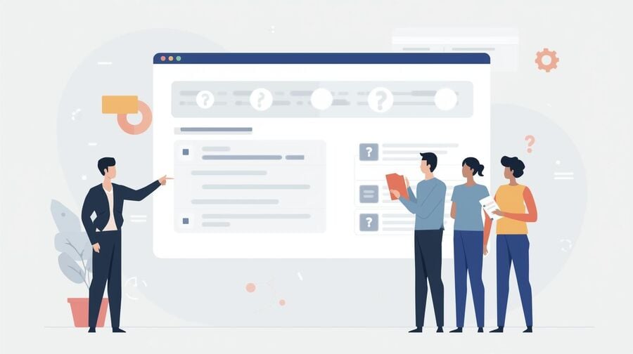 A laptop screen shows a neatly organised FAQ list about using temporary email in QA, while team members gather around to review policy and best practices.