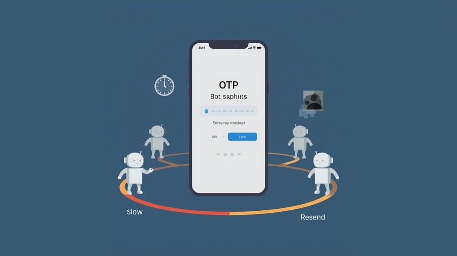 A mobile phone displays an OTP input screen with warning icons for delay, wrong code, and resend limit, while QA scripts simulate multiple sign-in attempts.