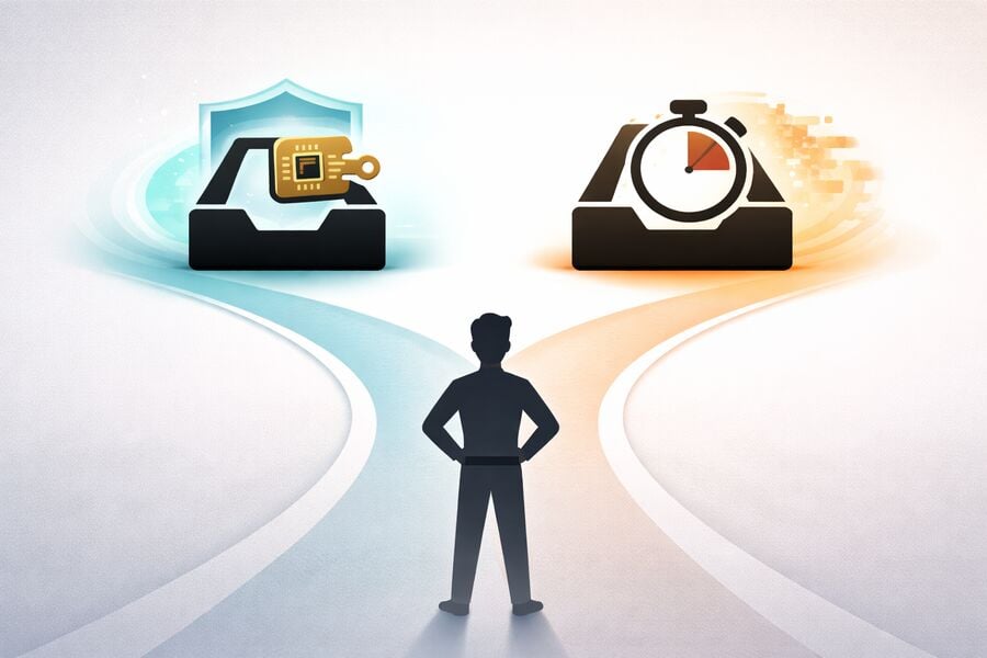 Two diverging paths from a single starting point one leading to a persistent inbox with a key icon and the other to a countdown inbox showing the basic choice