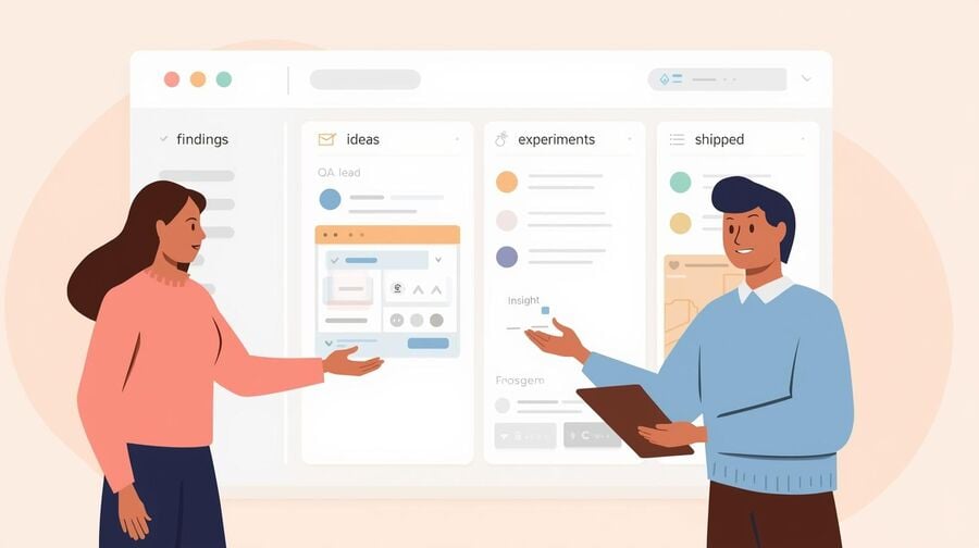 A roadmap board connects QA findings from temp mail tests to product backlog cards, showing how sign-up issues become prioritised improvements.