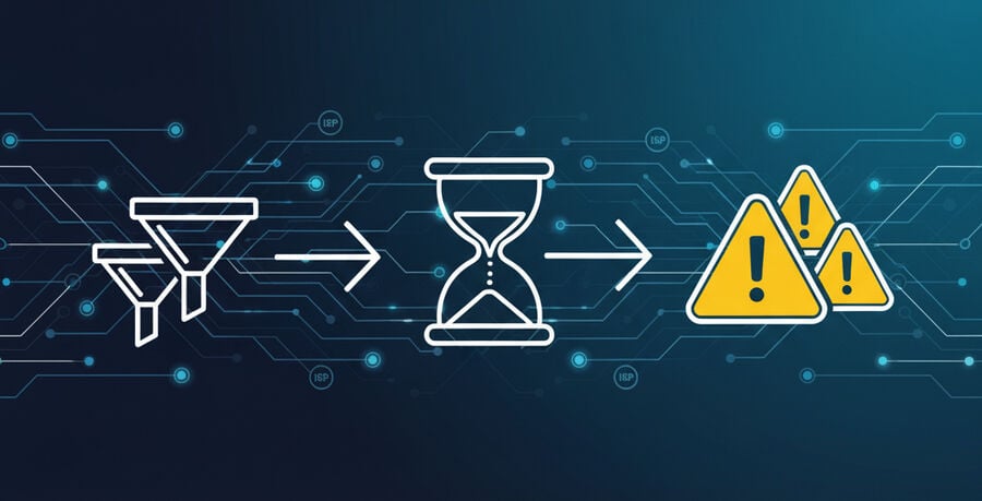 An illustrated mail pipeline splits into branches labeled greylisting, rate limits, and ISP filters, with warning icons on congested paths, emphasizing common bottlenecks during QA traffic