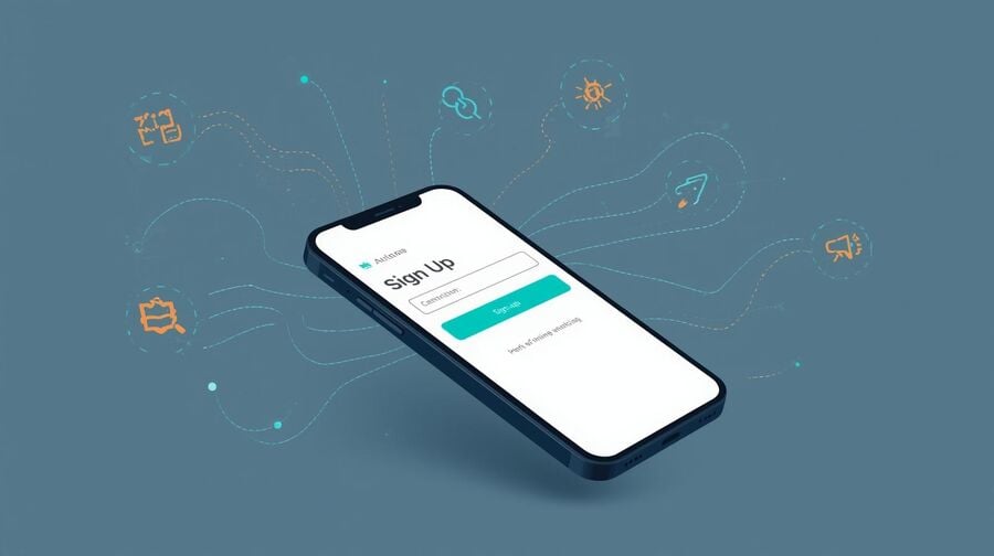 Smartphone sign-up form with data tracking streams flowing outward