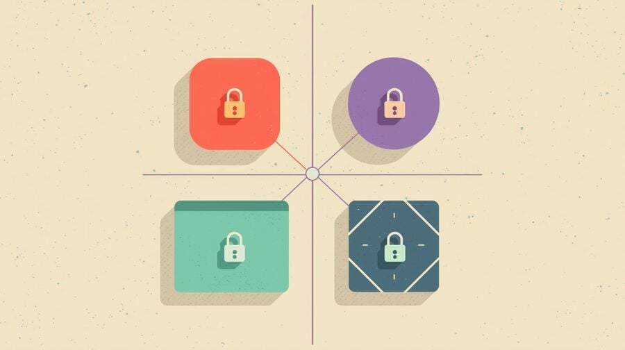 Four abstract platform cards with padlock icons for identity separation
