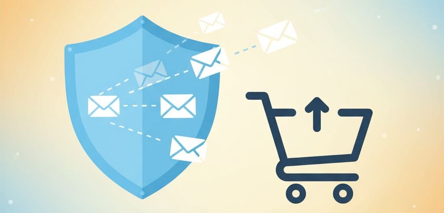A shield icon deflects colorful promotional envelopes while a minimal checkout cart sits in the foreground, signaling shopping without spam reaching the primary inbox.