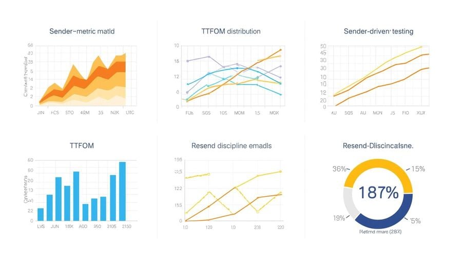 A compact metrics wall showing sender×domain matrices, TTFOM distributions, and a “Resend Discipline %” gauge to stress evidence-driven testing.