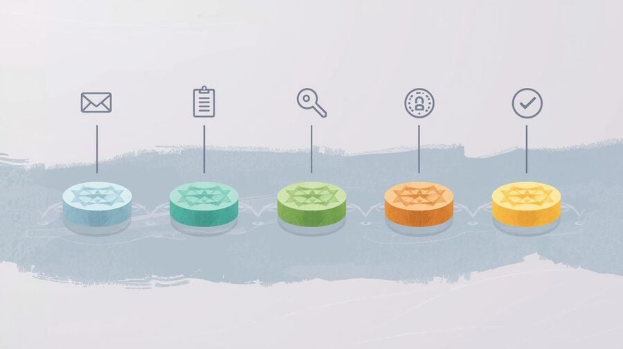 Flat vector illustration 169 ratio A horizontal sequence of five circular stepping stones arranged left to right across a calm abstract watercolor-style stream Each stone is numbered with a subtle geometric pattern inside not readable text just abstract shapes suggesting progression Stone 1 glows softly in light blue stone 2 in teal stone 3 in green stone 4 in amber stone 5 in warm gold creating a gradient progression from cool to warm Small abstract icons float above each stone an envelope generate a formclipboard sign up a keycode symbol OTP a tokencoin save token a checklist best practices Background soft lavender-gray with gentle horizontal flow lines No text no numbers no logos Style minimal editorial illustration pastel earth tones