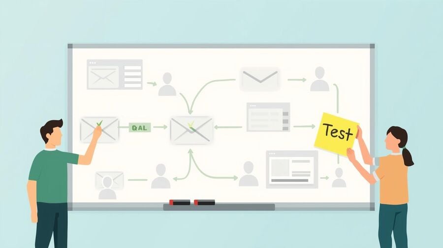 A whiteboard shows every onboarding email touchpoint as a flowchart from sign-up to welcome, product tour, and security alerts, while a tester marks which ones have been verified
