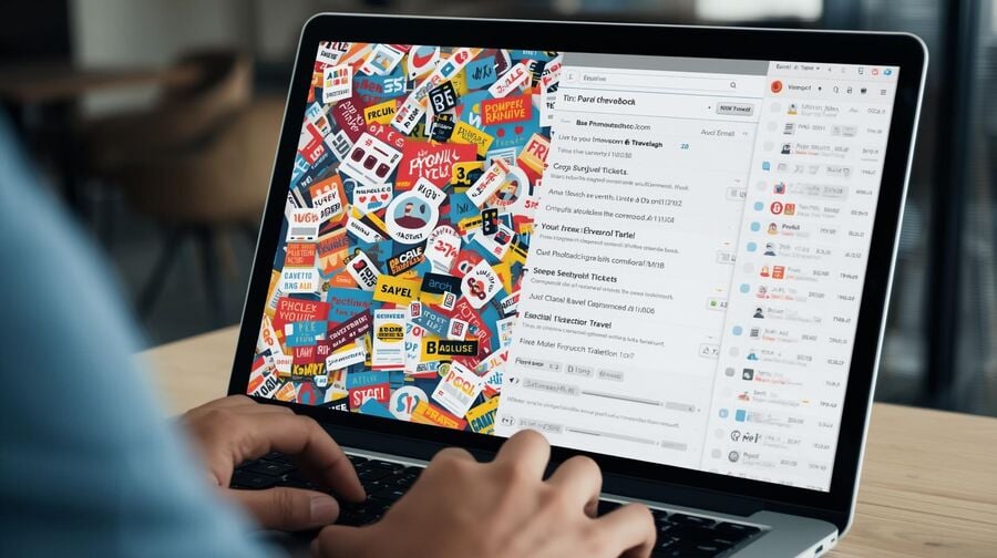 A traveler checking a split email inbox on a laptop, with chaotic travel promo messages on one side and a clean list of tickets and confirmations on the other, showing how temporary email filters noisy travel deals.
