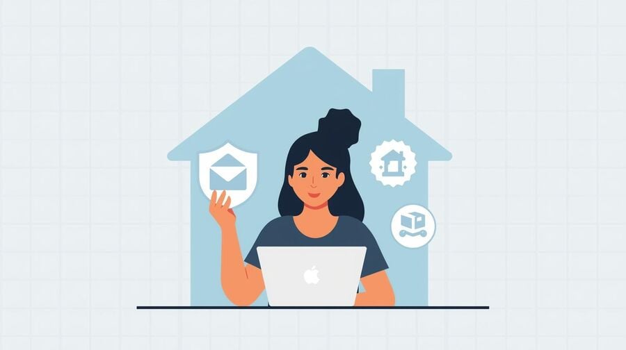 A homeowner compares service categories on a simple screen while an inbox icon shows privacy protection. The scene suggests quick decisions without spam and a lightweight, task-oriented workflow