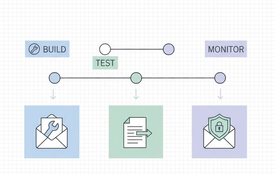 Diagram showing different disposable inboxes labelled for sign-up, OTP, and notifications, all connected neatly to a central CI/CD pipeline, conveying structure and separation of concerns.