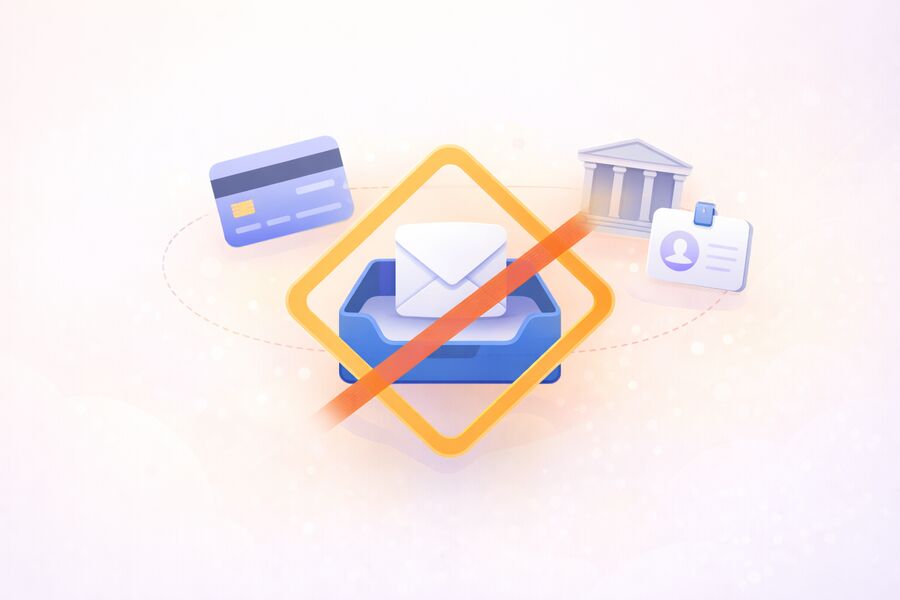 Hoiatusteemaline vektor mis näitab ühekordset postkasti panganduse ja identiteedi ikoonide kõrval selge