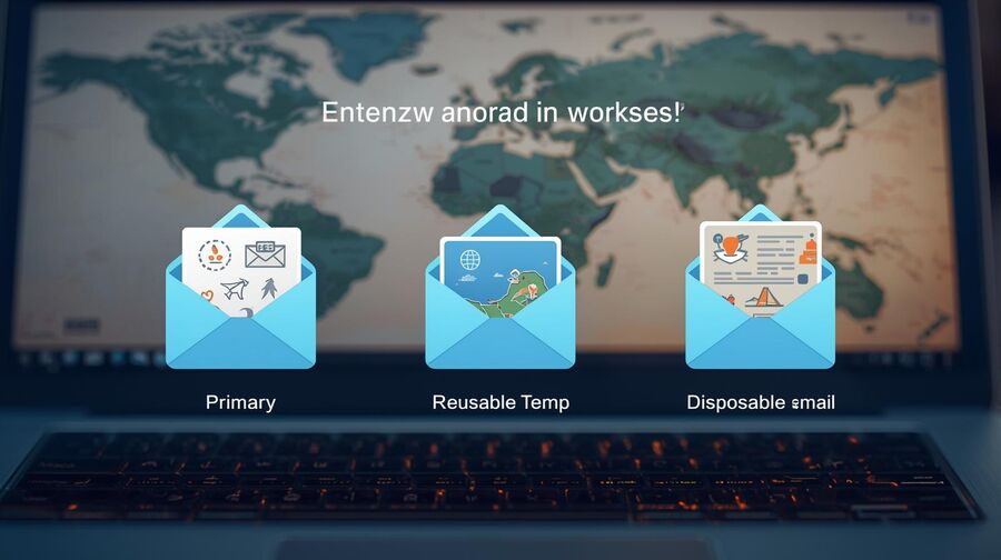 Digital nomad workspace with a world map backdrop and three layered inbox icons for primary, reusable temp, and disposable email, each holding different travel messages, representing a structured email system that supports long-term travel.