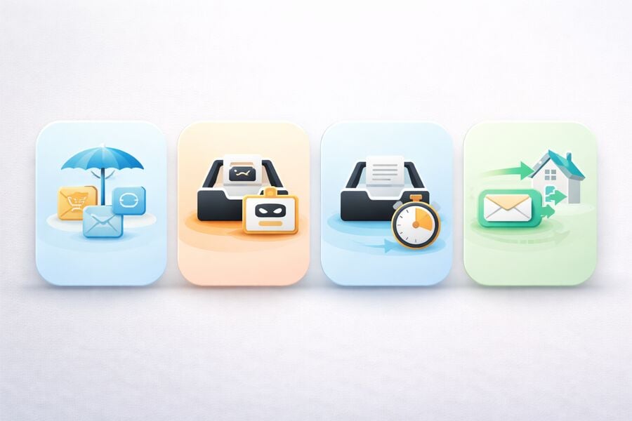 Four icon cards in a row representing the umbrella category of disposable email a burner email account a temp mail self-destructing inbox and an email alias forwarding layer
