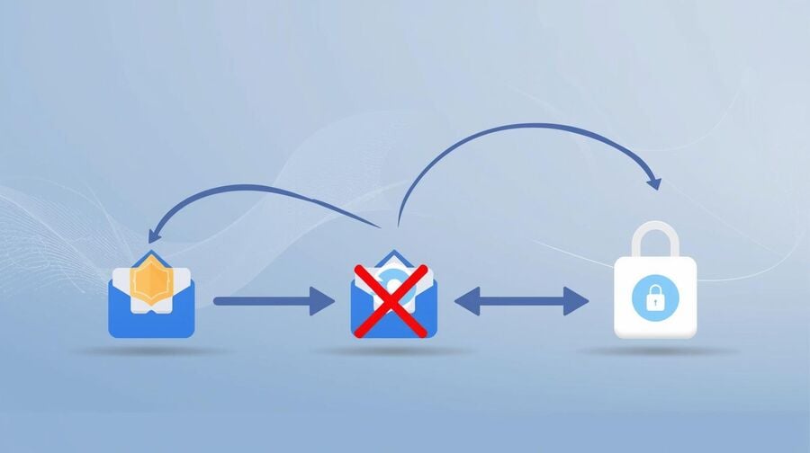 Continuous integration pipeline visual metaphor where email icons travel through secure lanes into disposable inboxes, while a separate lane toward personal mailboxes is blocked with warning signs.