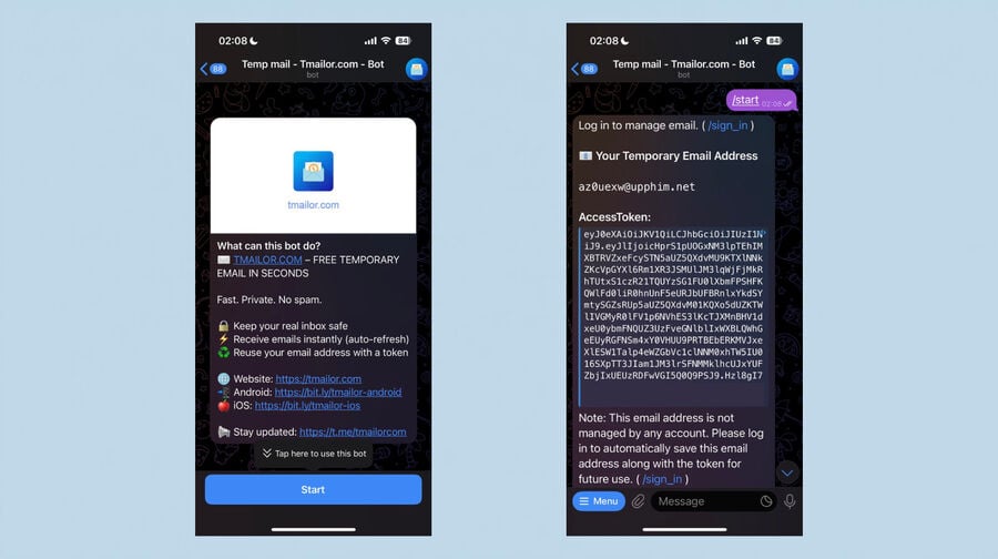 A chat interface features a bot message with a temporary address and a new message indicator, illustrating hands-free inbox checks inside a messaging app