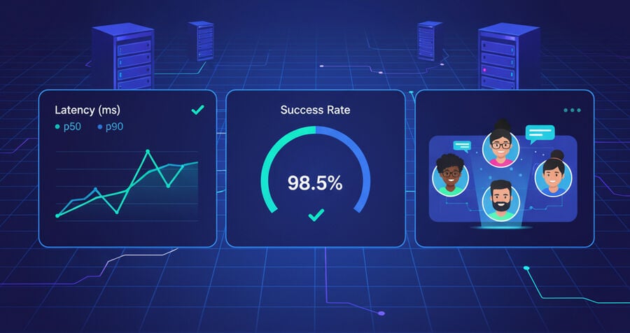 A flat vector dashboard shows OTP success and TTFOM p50/p90 charts, with labels for sender and domain. QA, product, and security icons stand around a shared screen to indicate common language and alignment.