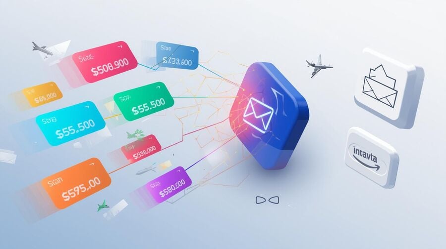 Abstract travel deals website with price cards connected to a large temporary email icon, while a protected main inbox icon sits to the side, illustrating how temp mail collects flight deals and promotions without spamming the primary email.
