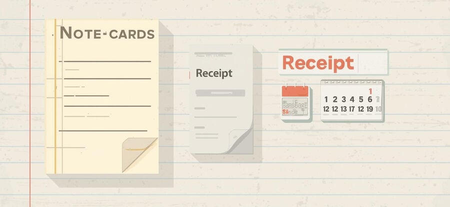 A notes app card, a receipt icon, and a small calendar page marked with a return-by date, representing a simple schema that keeps proof of purchase easy to find