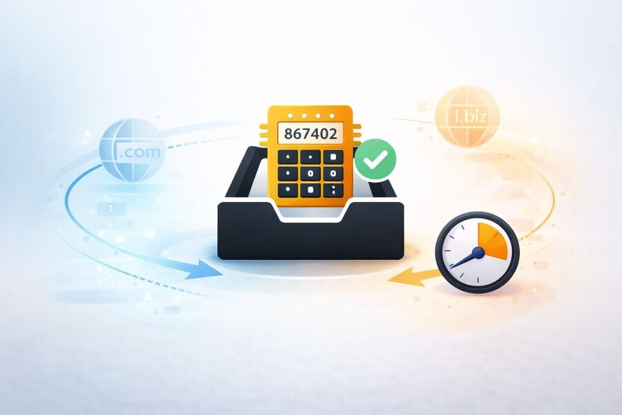 An OTP code chip smoothly arriving in a disposable inbox alongside smaller icons for domain variety and fast server delivery showing conditions for successful verification delivery