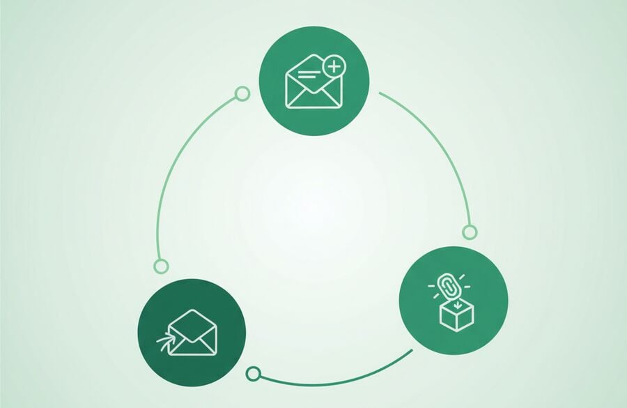 Circular workflow representing CircleCI jobs, each node showing a step of creating inbox, waiting for email, and extracting tokens, conveying reusability and encapsulated logic.
