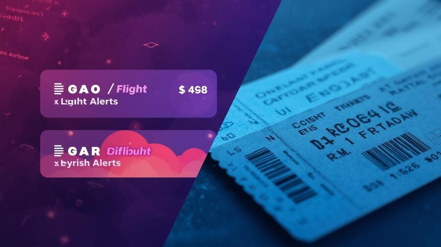 Split screen graphic with casual flight price alerts on one side and official tickets and boarding passes on the other, highlighting the difference between low-risk notifications suitable for temp mail and critical messages that must stay in a primary inbox.